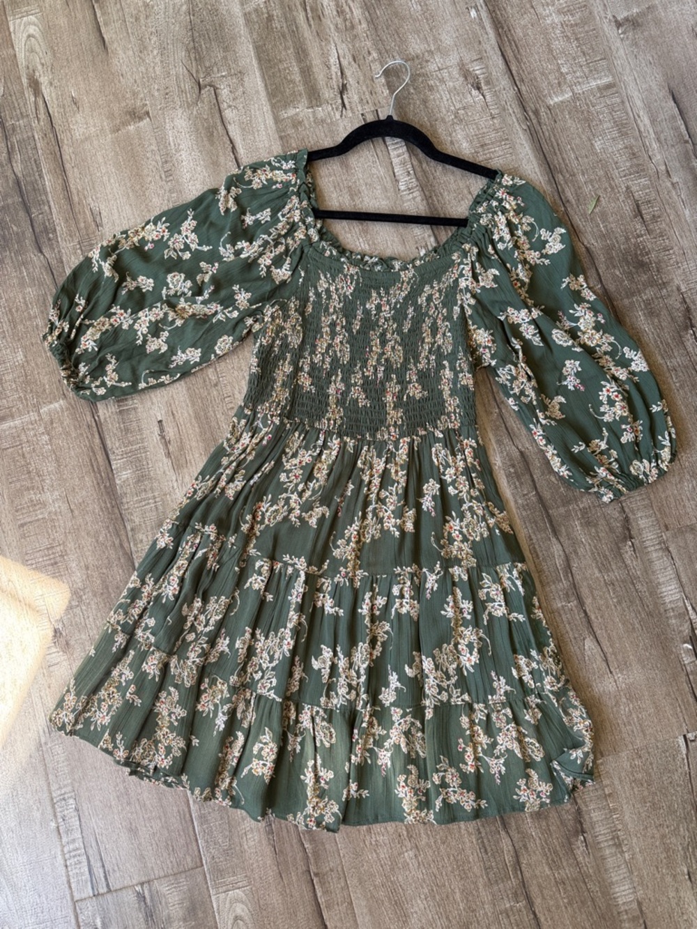 Angie Olive Green Floral Smocked Mini Dress NWT Lg